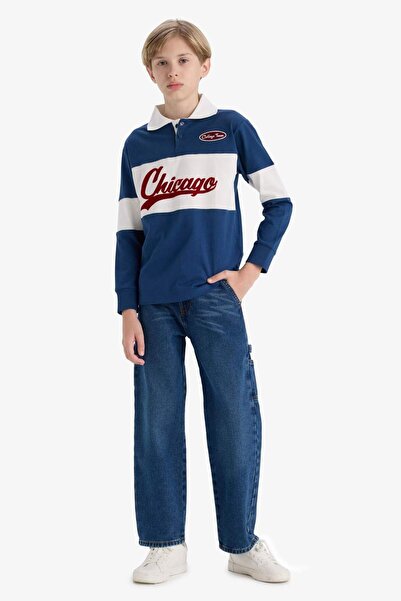 DeFacto Αγόρια Oversize Φαρδύ κέντημα με γιακά πόλο μακρυμάνικο σχολικό μπλουζάκι F2711A825AU