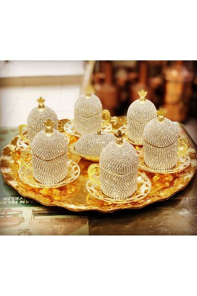 Ceyyiz ERS 8'Li Gold Beyaz Kristal Taşlı Lokumluk Kahve Fincanı Set