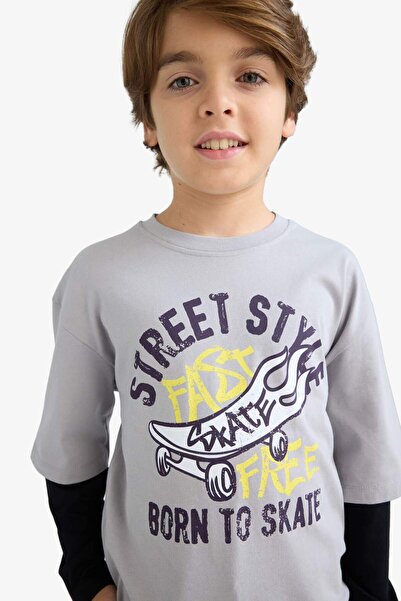 DeFacto Boy's Oversize Wide Fit Crew Neck Printed Long Sleeve T-Shirt E9590A825Au
