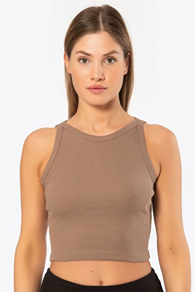 TÜREN Жіноча футболка з фітільованою обробкою 3404/Коричнева