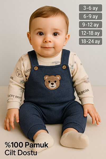 MYZİ STORE Bebek Erkek 2'li Tulum Takımı - Üst Giyim ve Ayı Nakışlı Salopet