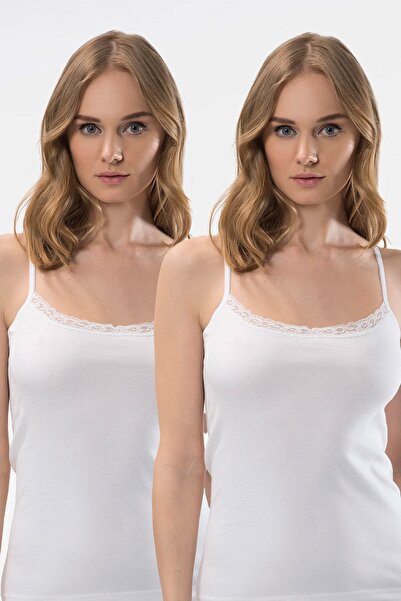 TÜREN Women's Lace V-Neck String Strap Camisole 2-Pack Cotton Undershirt 291/White