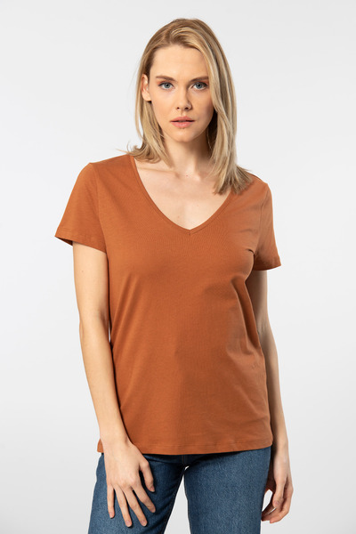 Wtshirt Γυναικείο T-shirt Milano Cinnamon Color - Κοντό μανίκι και βαθύ λαιμόκοψη V