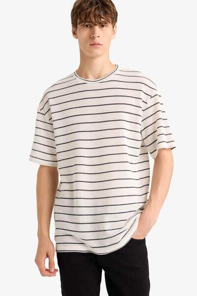 DeFacto Boxy Fit Relaxed Fit Crew Neck Striped Short Sleeve T-Shirt F8467Ax25Au
