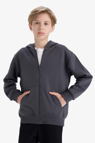 DeFacto Erkek Çocuk Kapüşonlu Basic Düz Okul Fermuarlı Sweatshirt X7382A625WN