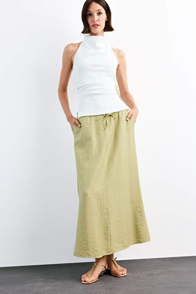 DeFacto Relax Fit Elastic Waist Crinkle Fabric Midi Skirt G1093Ax25Sm