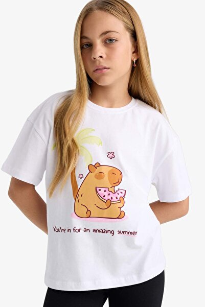 DeFacto Κοριτσίστικο μπλουζάκι με κοντό μανίκι με στάμπα με φαρδύ λαιμόκοψη F9722A825HS