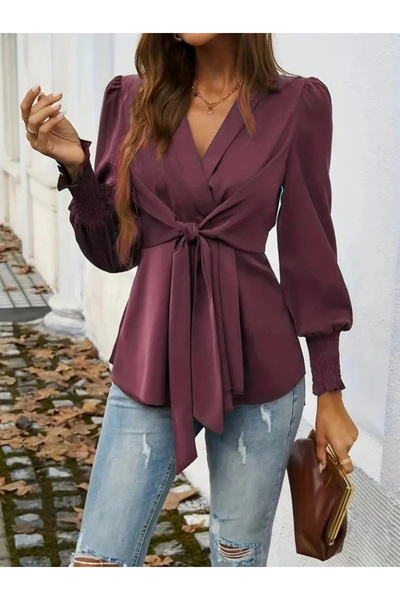 Silerra Women's Long Sleeve Double Breasted Collar Front Tie Imported Crepe Blouse