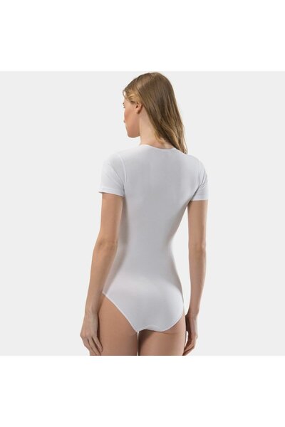 TÜREN Women's U-Neck Short Sleeve Cotton Bodysuit with Snap Fasteners 299/White