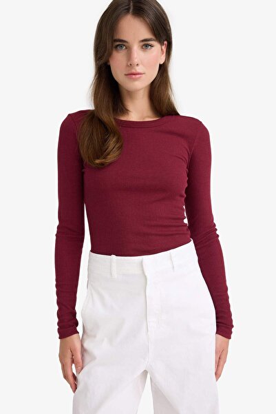 DeFacto Slim Fit Dar Kesim Basic Düz Fitilli Kaşkorse Uzun Kollu Tişört E5767AX25AU