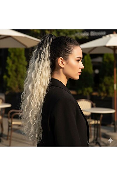 Mina Peruk Lastik Tokalı At Kuyruğu Kabarık Afro Dalgalı - Siyah / Platin Ombre