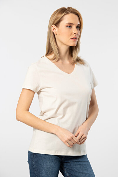 NazikEndam Venice V-Neck Short Sleeve Women's T-Shirt - Ecru