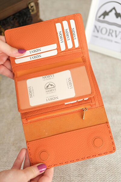 Norvi Leather Saraciye Stitched Multi-Compartment Genuine Leather Wallet Women's Orange 1065