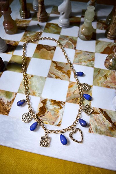 DeFacto Kadın Mavi Taşlı Kalpli Gold Kolye F6683AXNS