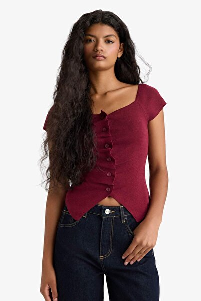 DeFacto Fitted Square Neck Drawstring Detailed Short Sleeve Knit Sweater G0986Ax25Au