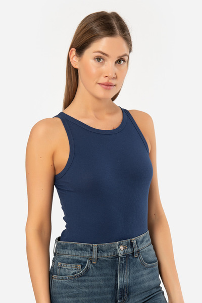 TÜREN Women's Halter Neck Ribbed Tank Top 3403/Navy Blue