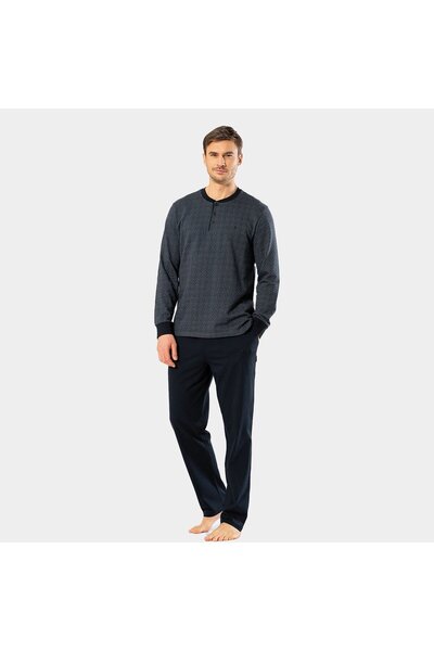 Cacharel Men's Jacquard Dotted Placket Pajama Set 2197/Smoked