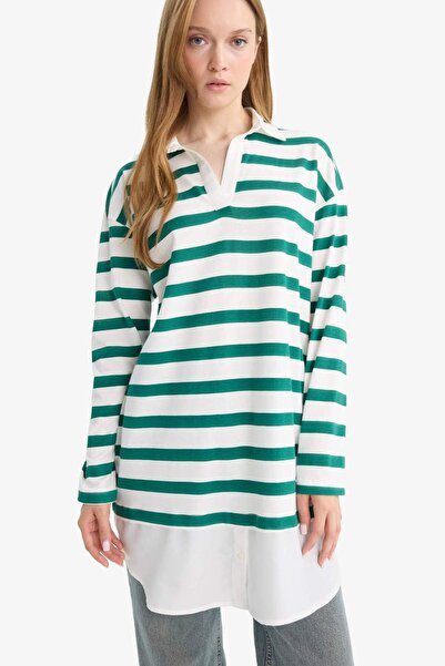 DeFacto Regular Fit Polo Neck Striped Long Sleeve Sweatshirt Tunic D2183Ax25Au