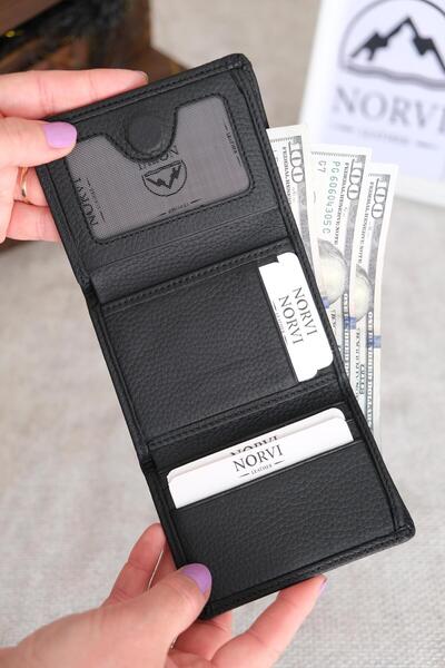 Norvi Leather محفظة من الجلد الطبيعي باللون الأسود المغناطيسي 1125