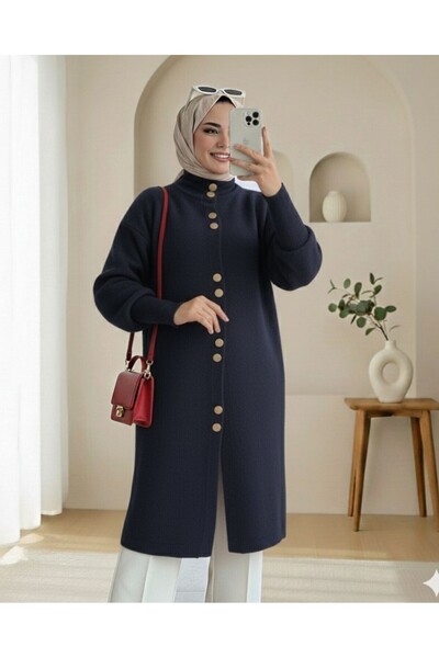 Modamorfo Buttoned Front Long Bearded Soft Cardigan - Navy