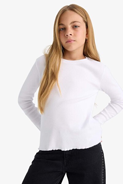 DeFacto Tricou pentru școală cu mânecă lungă pentru fete, cu decolteu, simplu, drept, cu șnur B2387A825AU