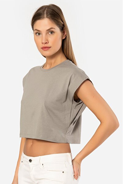 TÜREN Women's Cotton Look Crop T-Shirt 3402/Grey