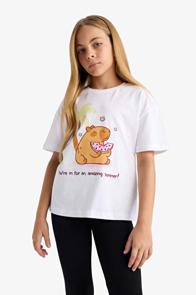 DeFacto Κοριτσίστικο μπλουζάκι με κοντό μανίκι με στάμπα με φαρδύ λαιμόκοψη F9722A825HS