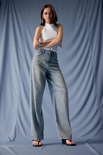 DeFacto Baggy Fit Yüksek Bel Uzun Jean Yıkamalı Pantolon F8489AX25AU