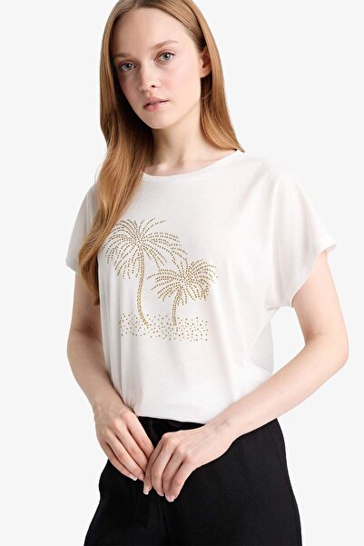 DeFacto Kurzarm-T-Shirt mit Rundhalsausschnitt und Steindruck F9593AX25AU