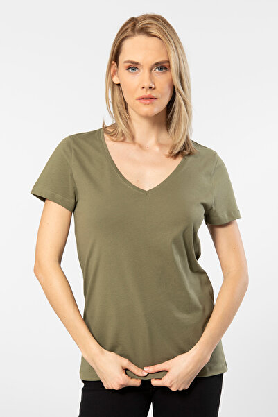 Wtshirt Γυναικείο μπλουζάκι Khaki Color Milano με κοντό μανίκι V-λαιμόκοψη