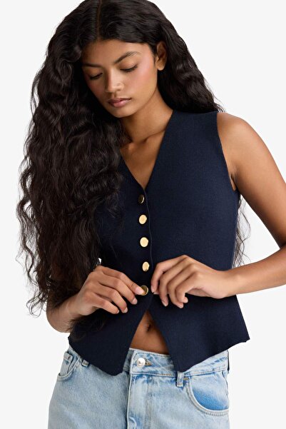 DeFacto Fitted V Yaka Düğmeli Triko Yelek G1164AX25AU