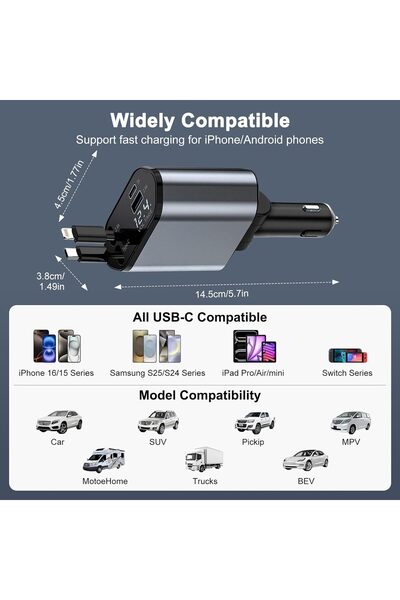 DKH Retractable Car Charger, 120W Super Fast 4 IN 1 Car Charger Adapter