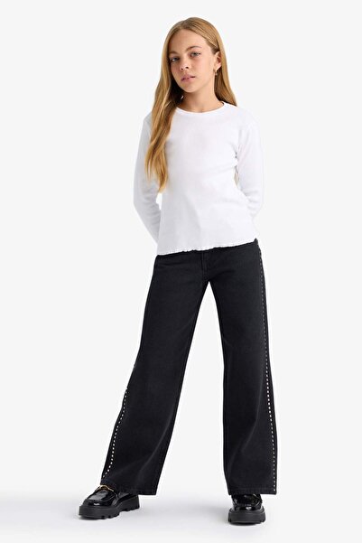 DeFacto Girls' Crew Neck Basic Plain Ribbed Camisole Long Sleeve School T-Shirt B2387A825Au