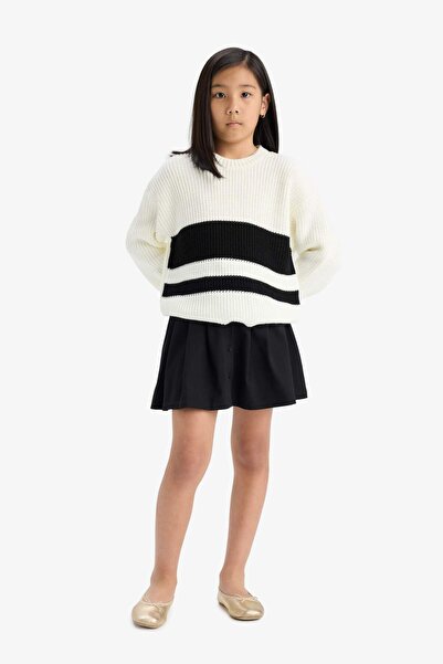 DeFacto Kız Çocuk Standart Fit Bisiklet Yaka Çizgili Triko Kazak E7735A825AU