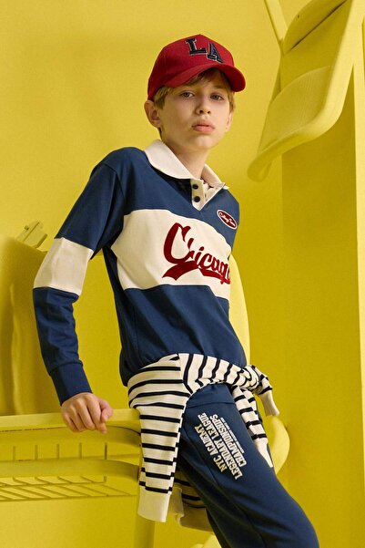 DeFacto Boy's Oversize Wide Fit Polo Neck Embroidered Long Sleeve School T-Shirt F2711A825Au