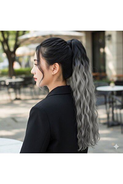 Mina Peruk Lastik Tokalı At Kuyruğu Kabarık Afro Dalgalı - Siyah / Gri Ombre