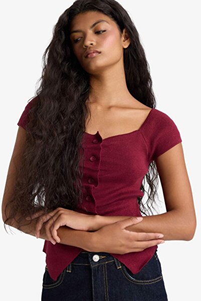 DeFacto Fitted Square Neck Drawstring Detailed Short Sleeve Knit Sweater G0986Ax25Au