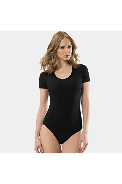 TÜREN Women's U-Neck Short Sleeve Cotton Bodysuit with Snap Fasteners 299/Black