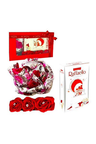 velve Pachet Scarfy, cu 3 trandafiri de sapun, esarfa florala si praline Raff...