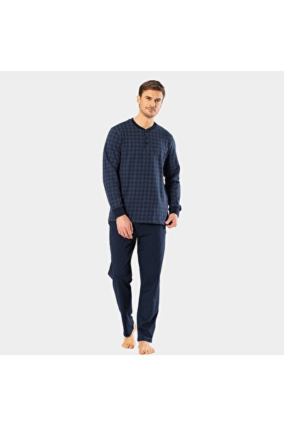 Cacharel Men's Jacquard Dotted Placket Pajama Set 2197/Navy Blue