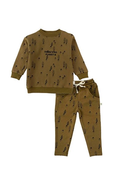 Little Gusto Children's Tracksuit Set with Furry Inside, Khaki Hazelnut Patterned Organic Cotton