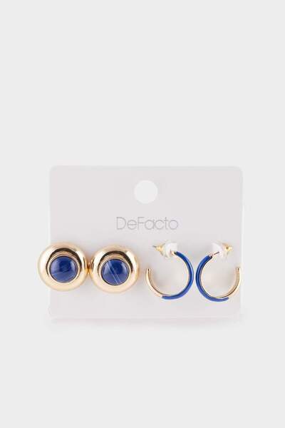 DeFacto Women's 2-Piece Blue Stone Gold Earrings F6627Axns