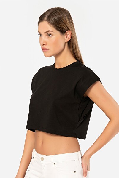 TÜREN Women's Cotton Look Crop T-Shirt 3402/Black