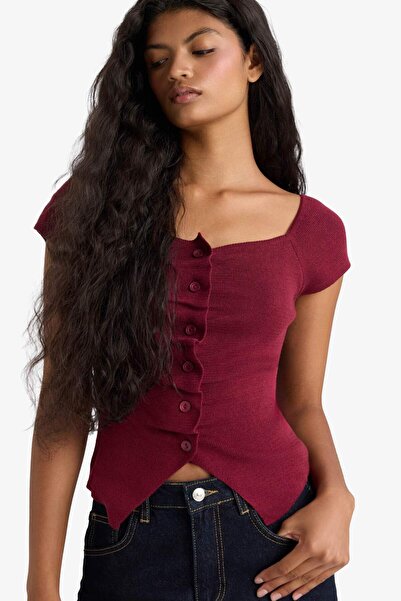 DeFacto Fitted Square Neck Drawstring Detailed Short Sleeve Knit Sweater G0986Ax25Au