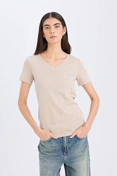 DeFacto Regular Fit V Neck Basic Plain Rib Short Sleeve T-Shirt B6436Ax25Sp