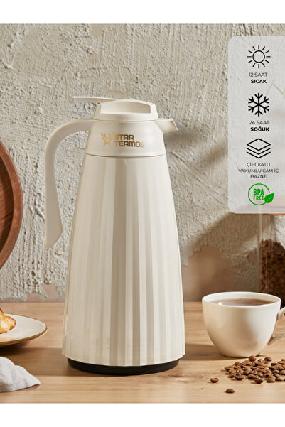 Star Termos Zagana Series Glass Thermos 1.5 Liter - Cream |   Keeps Warm for 12 Hours - Keeps Cold for 24 Hours