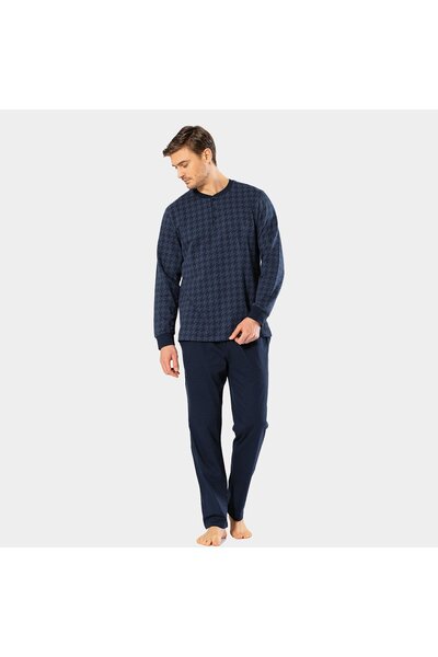 Cacharel Men's Jacquard Dotted Placket Pajama Set 2197/Navy Blue