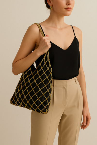 henaabag Gold Metalik ip tasarım kol çantası, öğretmenler günü hediyesi