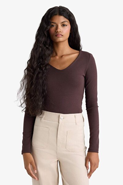 DeFacto Slim Fit Dar Kesim Basic Düz Modal Uzun Kollu Tişört F7153AX25AU