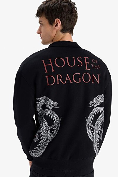 DeFacto House Of The Dragon Boxy Fit Стилна блуза с висока яка, цип и принт на гърба E9338AX25AU